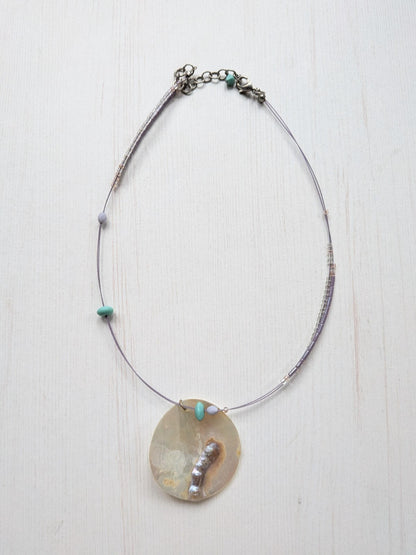 Summer/Beach Style Delicate Lilac/Clear Beaded Necklace with Shell Pendant
