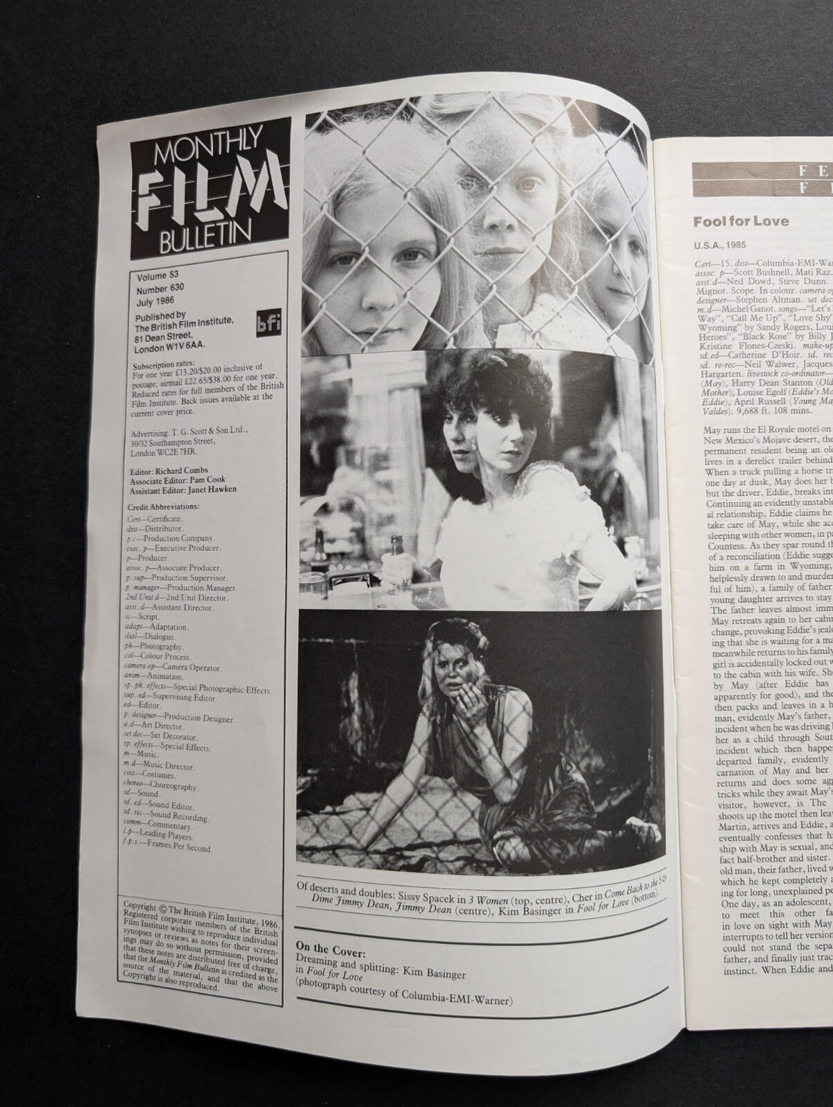 Monthly Film Bulletin Vol. 53 No. 630 July 1986 - Kim Basinger Cover
