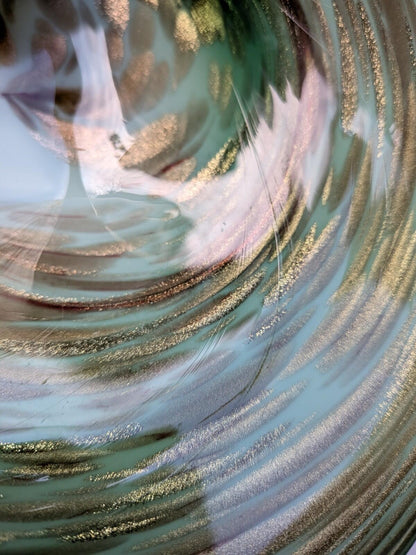 Vintage Murano Hand-Blown Italian Glass Art Bowl - Green/Gold Swirl Pattern