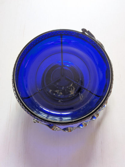 Vintage Cobalt Blue Glass Serving Bowl in Silver Metal Cradle - See Details