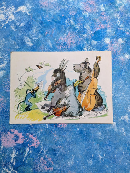 Vintage Russian Postcard - Ivan Krylov "The Quartet" Illustration - 1967
