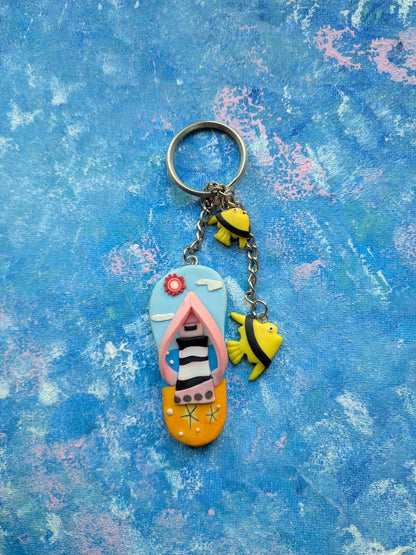 Vintage Plastic Beach-Themed Flip-Flop/Sandal + Fishes Novelty Keyring