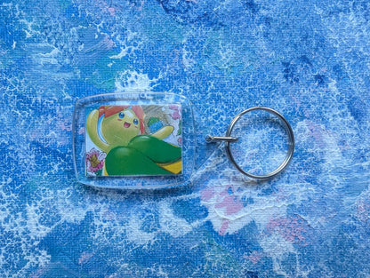Hand-Crafted Bellossom Keyring - Made From Recycled Pokemon Cards