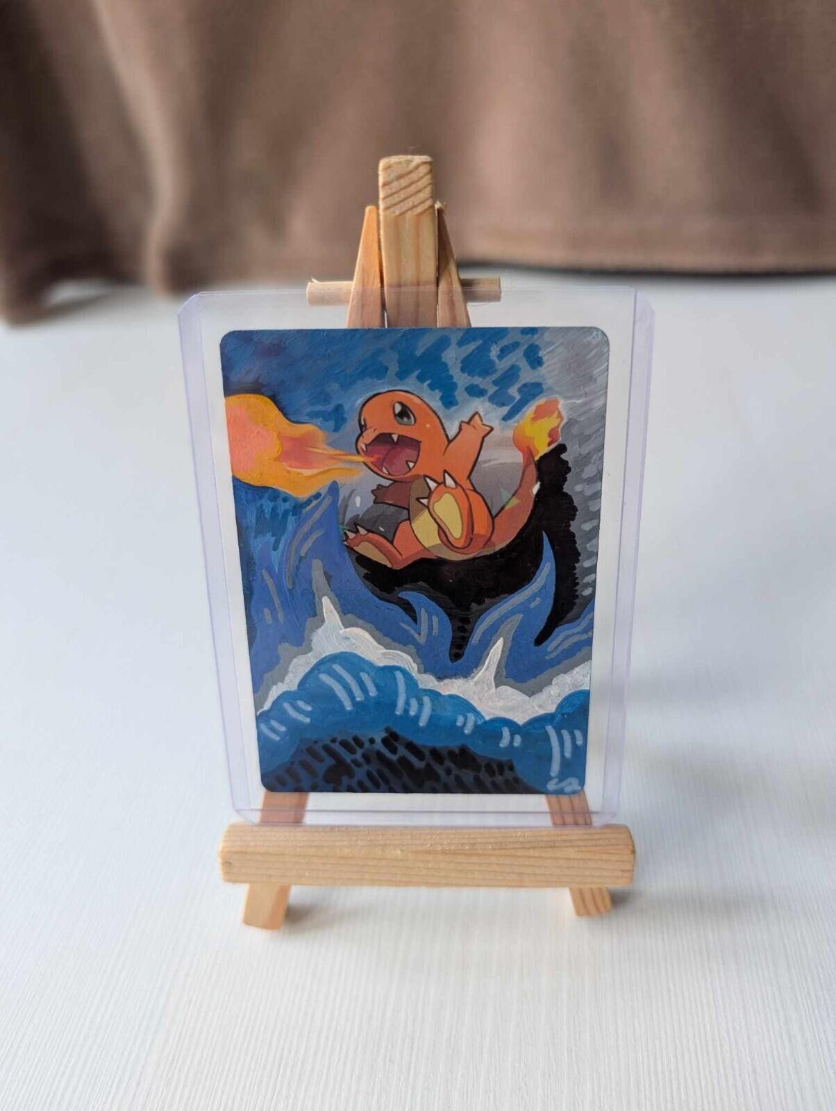 Hand-Painted Sun & Moon: Hidden Fates Charmander Pokemon Card & Display Easel