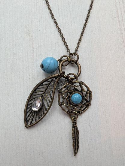 Blue/Gold Boho/Hippie-Style Necklace With Feather/Dreamcatcher Pendant