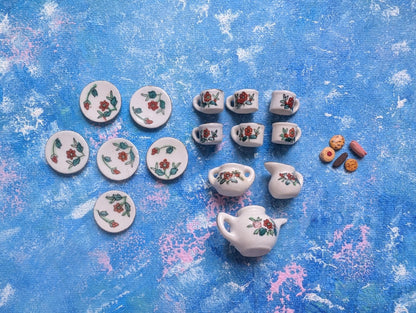 Dolls House Floral Tea Set + Biscuits - x20 Pieces - Unbranded