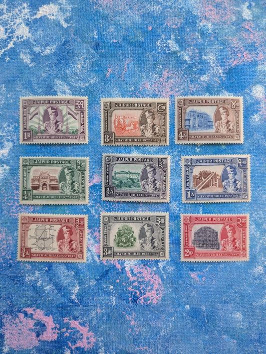 x9 Vintage Jaipur India Silver Jubilee Commemorative Stamps - 1947