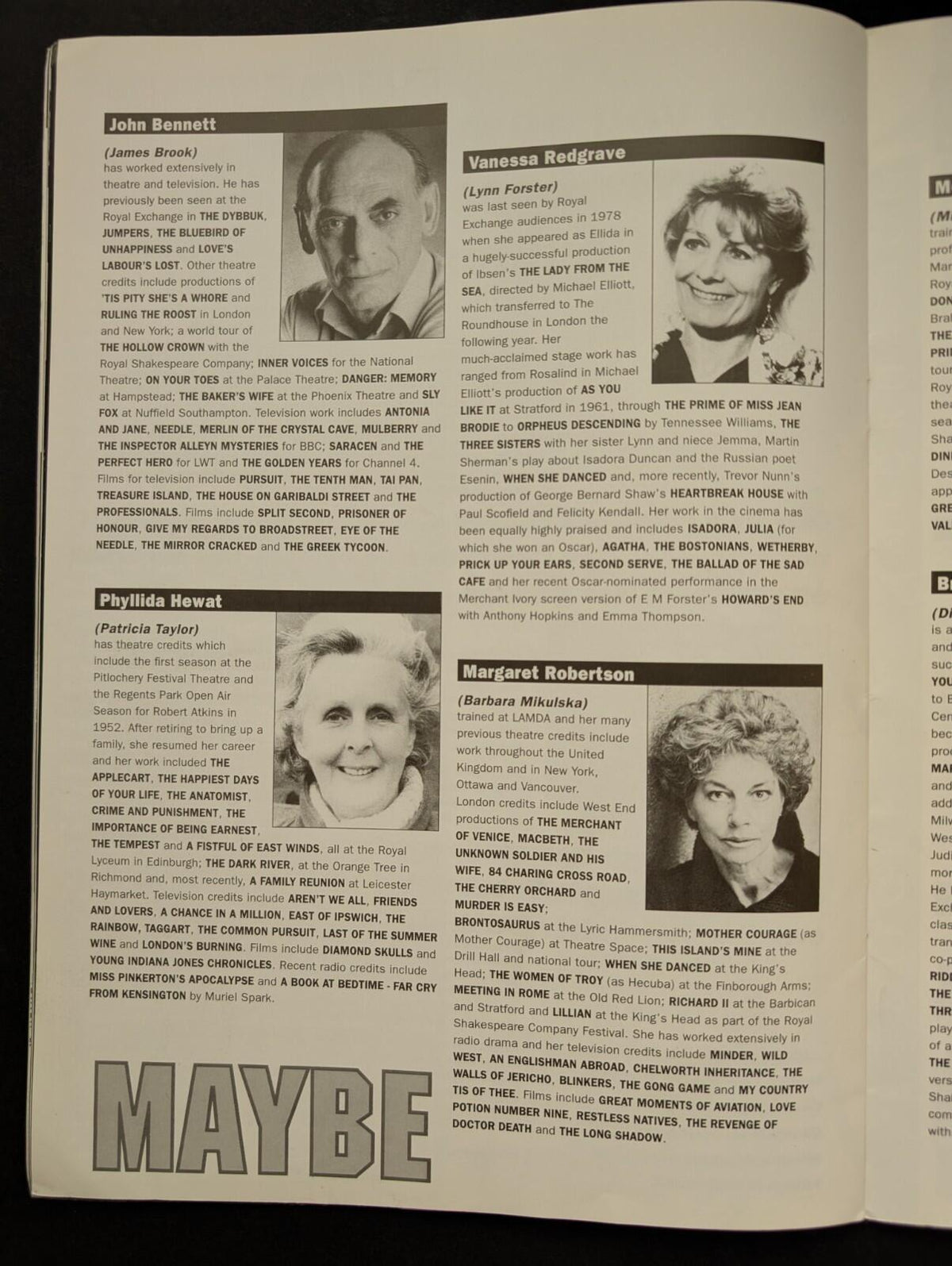 Maybe - Starring Vanessa Redgrave, Royal Exchange Theatre Company Programme 1993