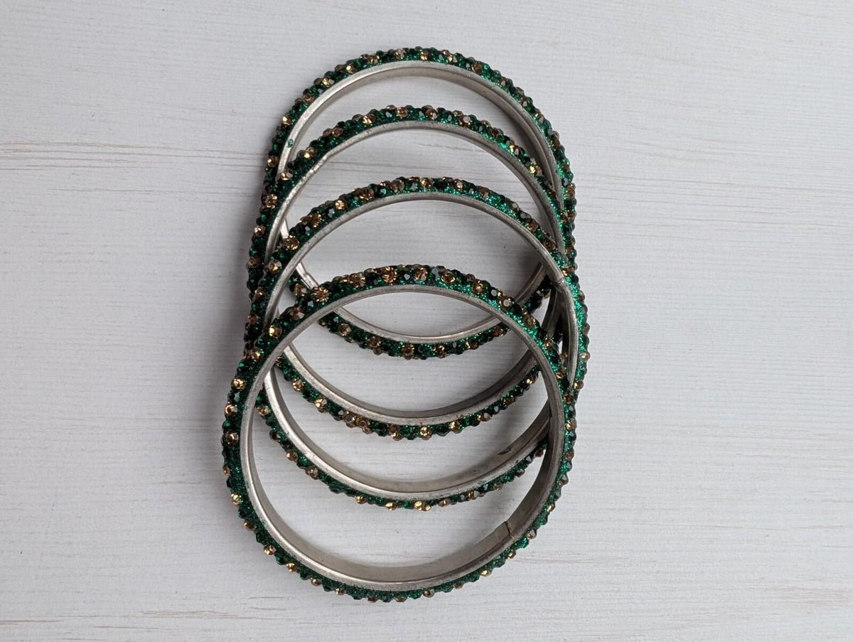 Set of 4 Green/Gold Sparkly Bangles - Costume Jewellery