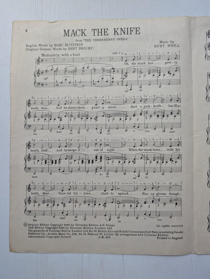 Mack the Knife Sheet Music by Kurt Weill/Louis Armstrong - 1956 - Arcadia Music