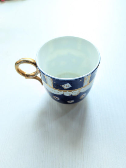 Vintage Blue/White/Gold Ceramic Tea Pot + x2 Teacups - Sandland