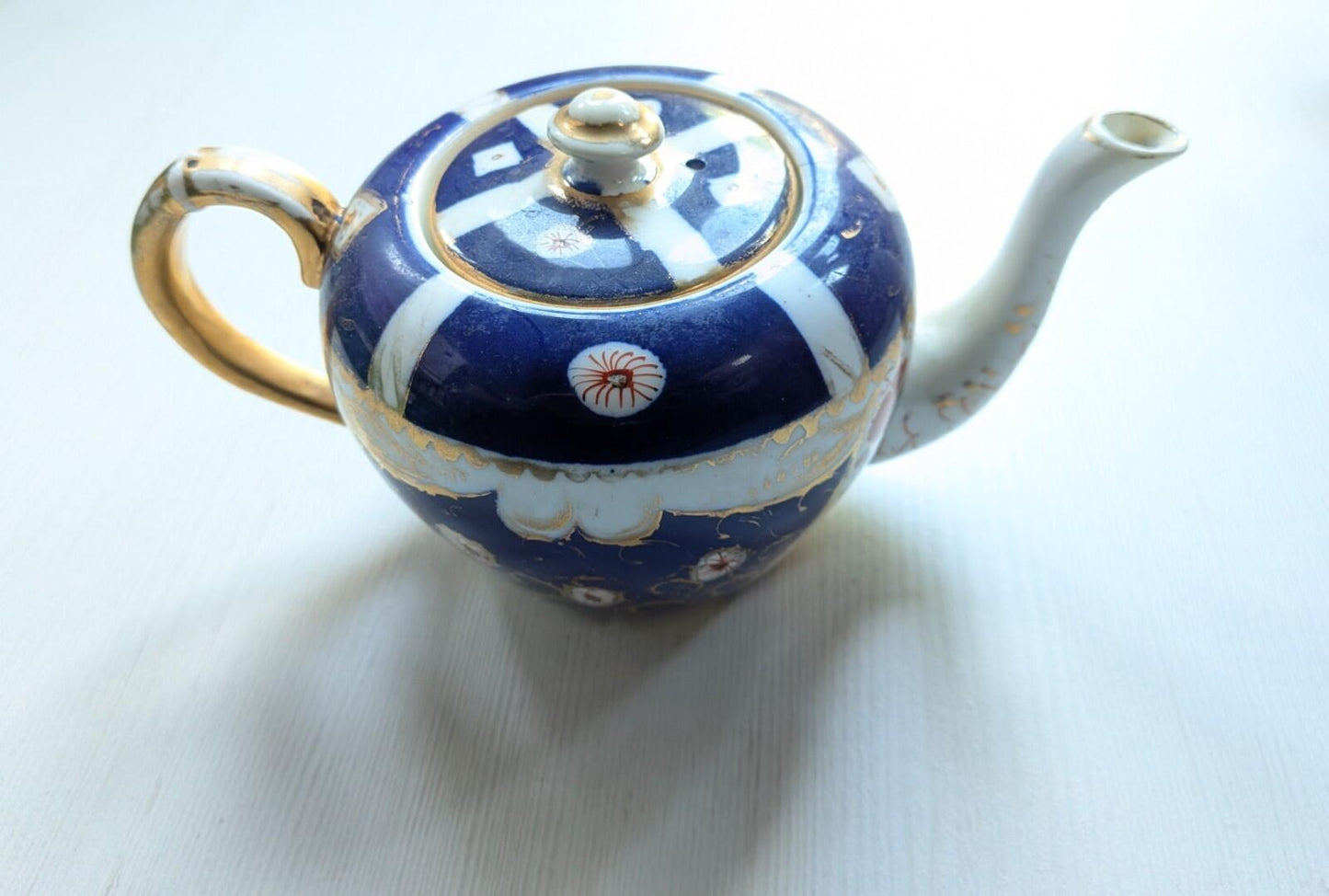 Vintage Blue/White/Gold Ceramic Tea Pot + x2 Teacups - Sandland