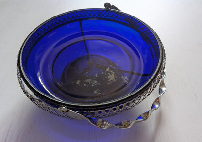 Vintage Cobalt Blue Glass Serving Bowl in Silver Metal Cradle - See Details