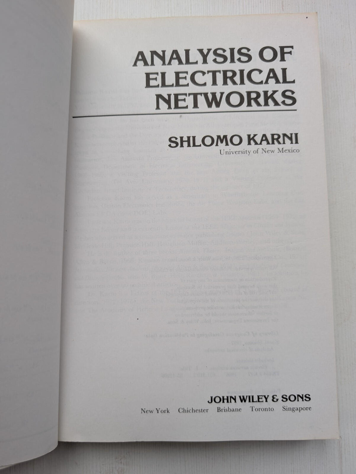 Analysis of Electrical Networks by Shlomo Karni - 1986 - John Wiley & Sons Inc.