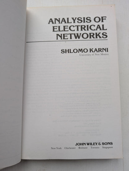 Analysis of Electrical Networks by Shlomo Karni - 1986 - John Wiley & Sons Inc.
