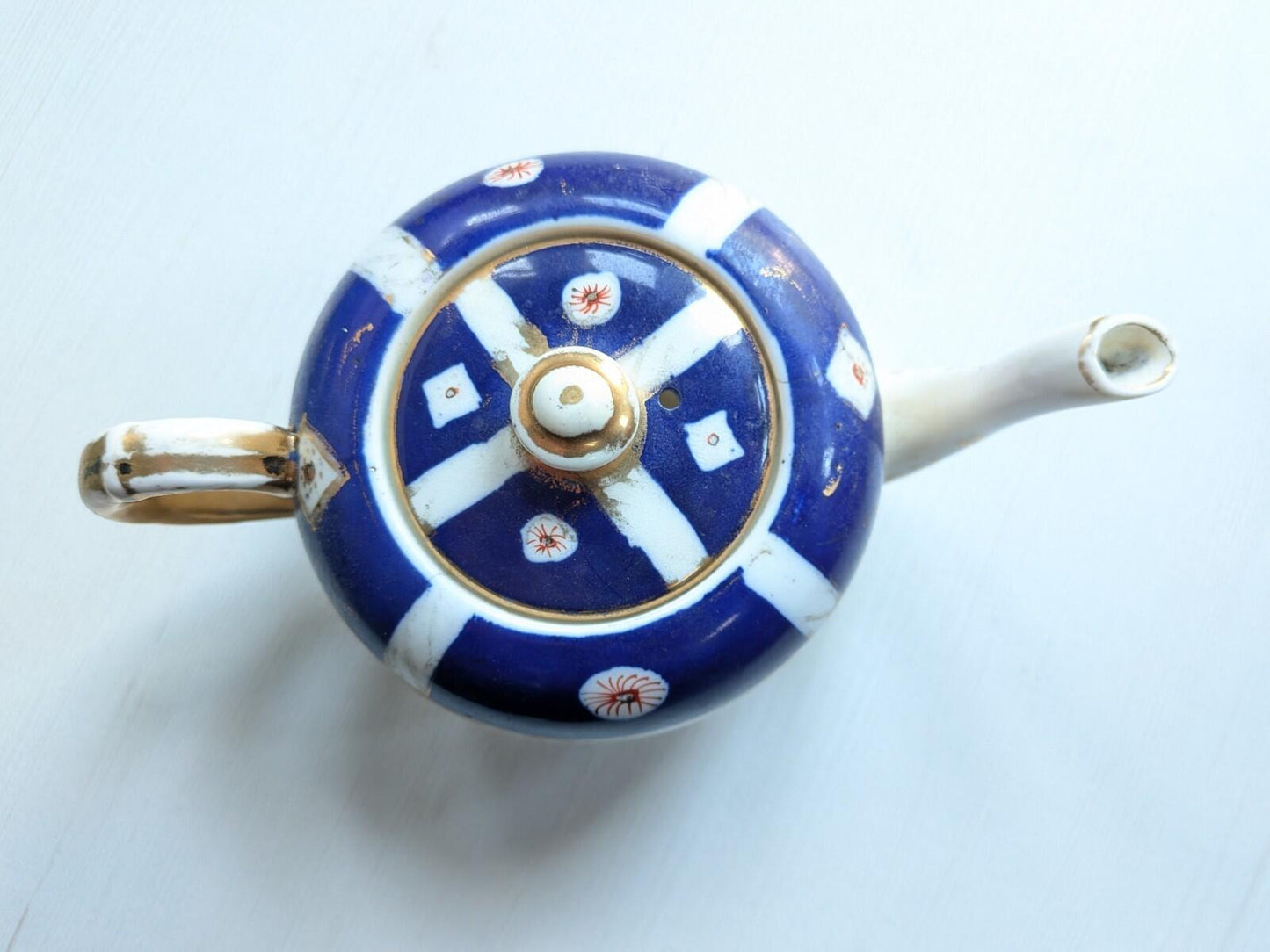 Vintage Blue/White/Gold Ceramic Tea Pot + x2 Teacups - Sandland