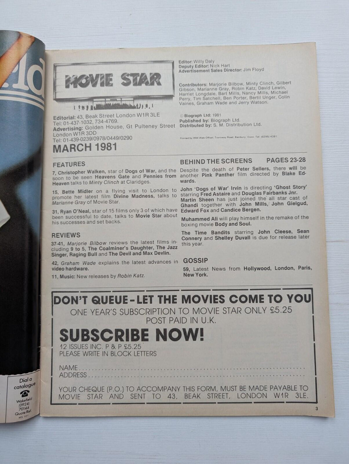 Biograph Movie Star March 1981 - Ryan O'Neal/Bette Midler/Christopher Walken