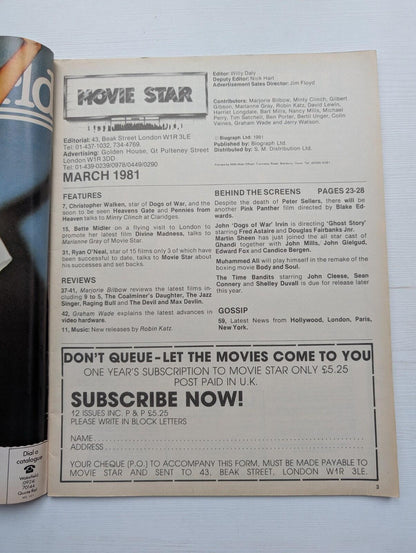 Biograph Movie Star March 1981 - Ryan O'Neal/Bette Midler/Christopher Walken