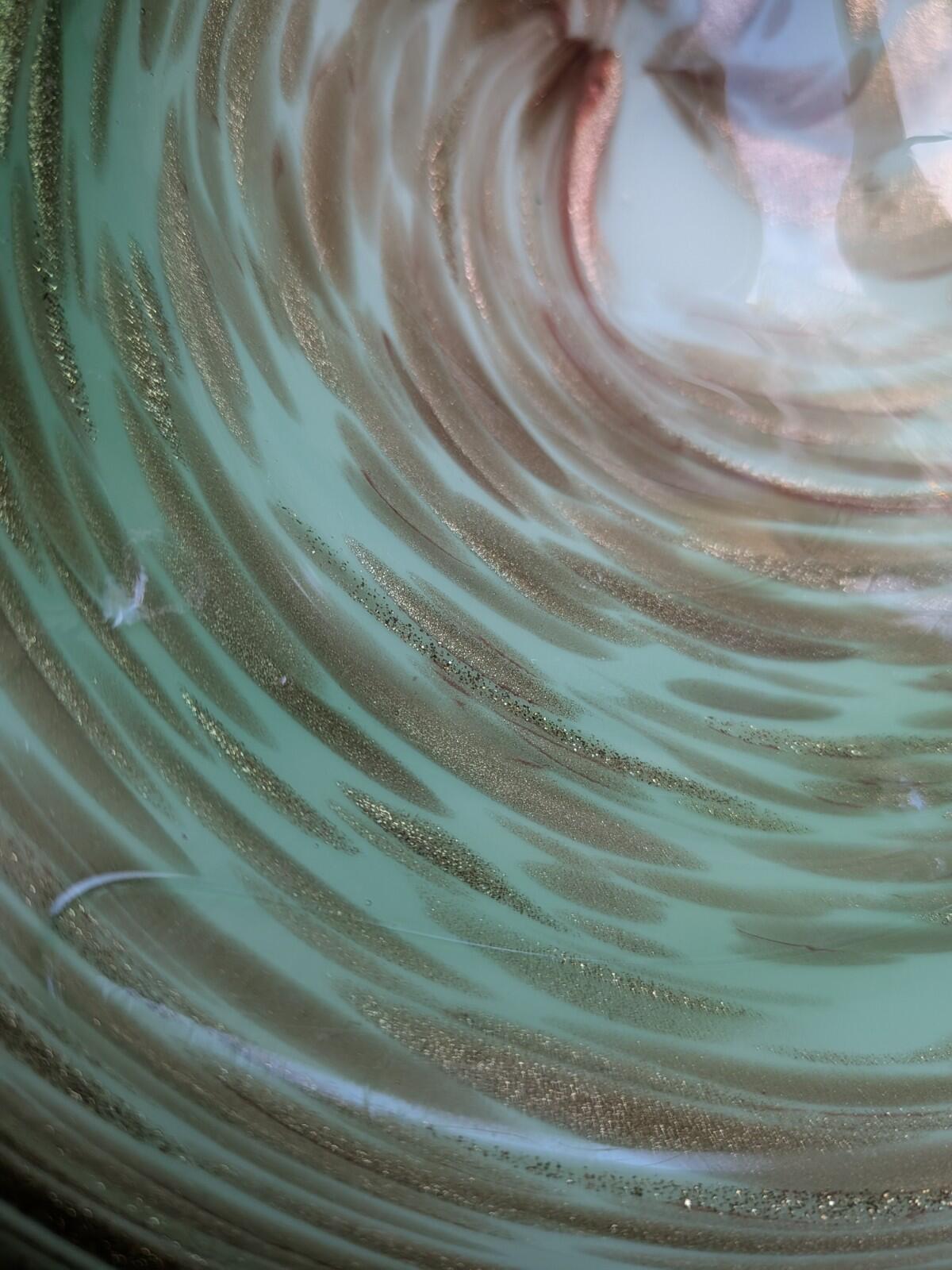 Vintage Murano Hand-Blown Italian Glass Art Bowl - Green/Gold Swirl Pattern