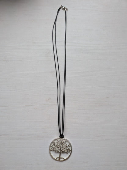 Silver Tree of Life Pendant Necklace on Waxed Black Cord
