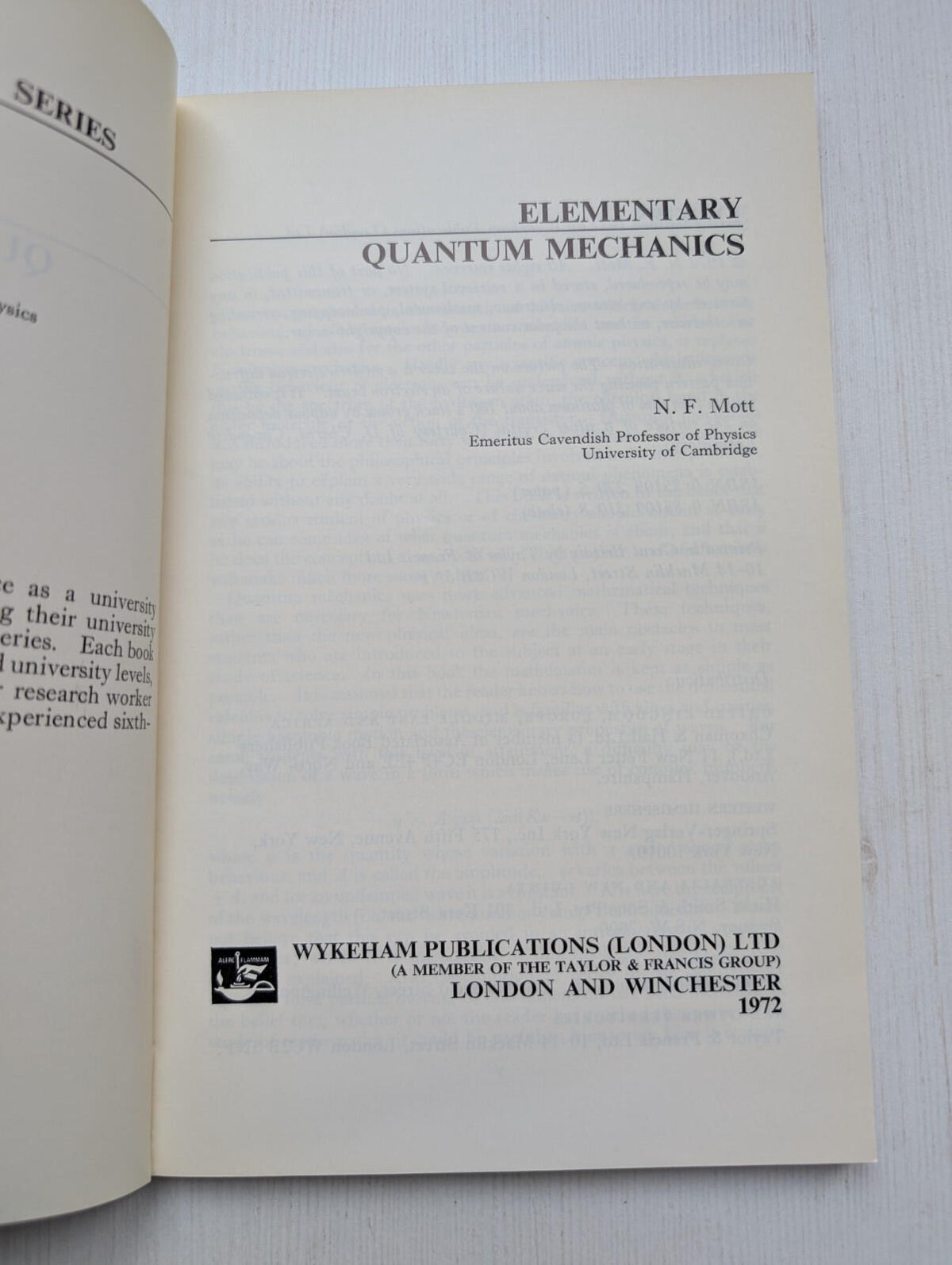 Elementary Quantum Mechanics by N.F. Mott - 1972 - Wykeham Publications Ltd
