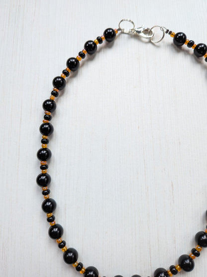 Black and Orange Plastic Beaded Choker Necklace with Metal Cat Pendant