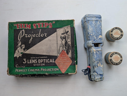 Vintage Film Strips Projector + 2 Film Strips + Box - Please See Details