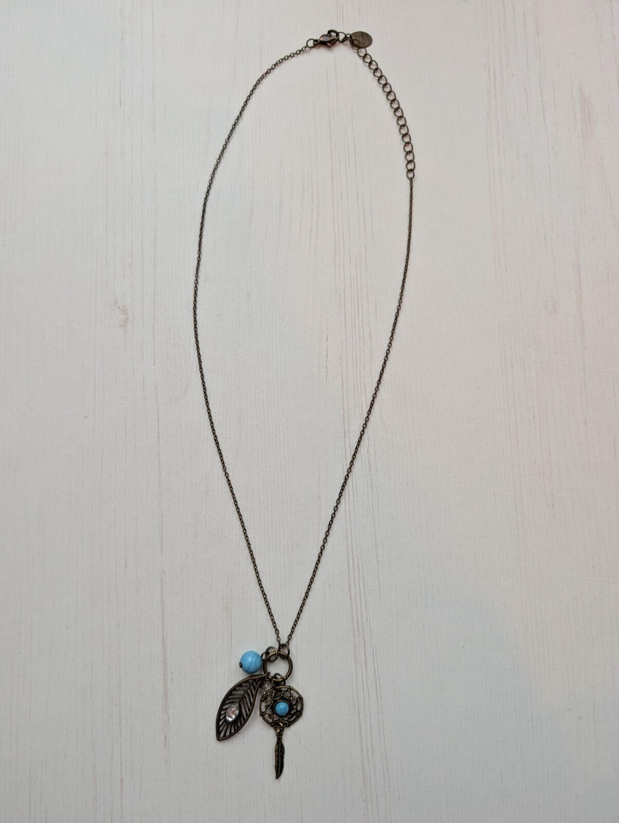 Blue/Gold Boho/Hippie-Style Necklace With Feather/Dreamcatcher Pendant