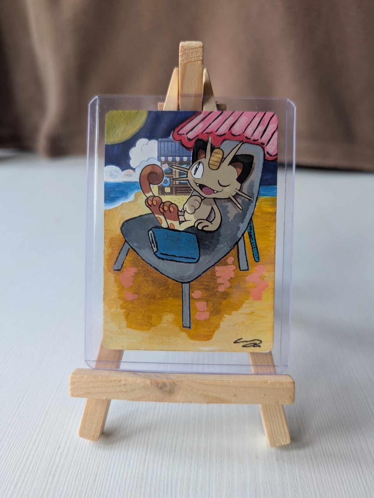Hand-Painted XY: Ancient Origins Meowth Pokemon Card & Display Easel