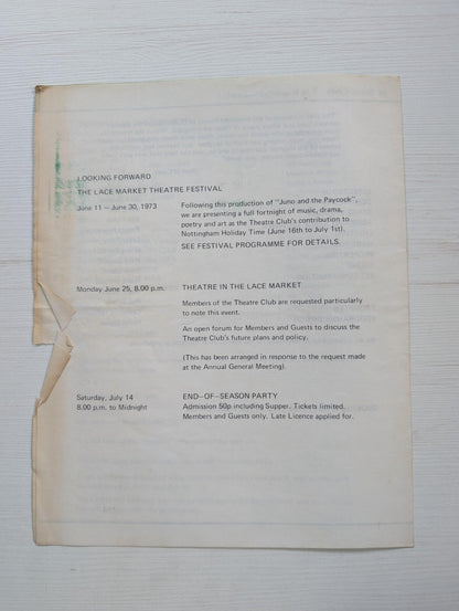 Juno and the Paycock Programme - Nottingham Theatre Club 1972-73