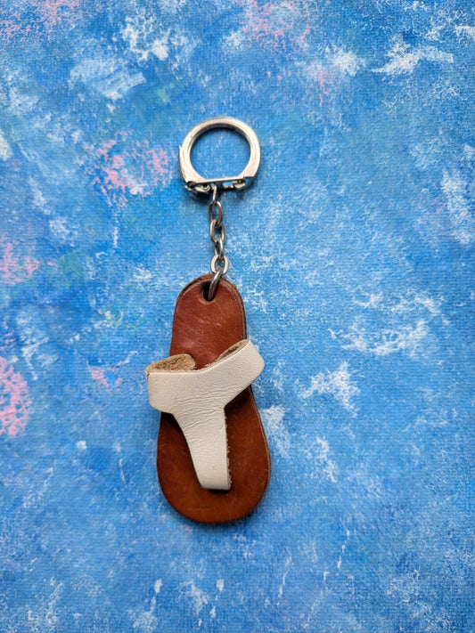 Vintage Brown/White Leather Mini Flip-Flop/Sandal Novelty Keyring