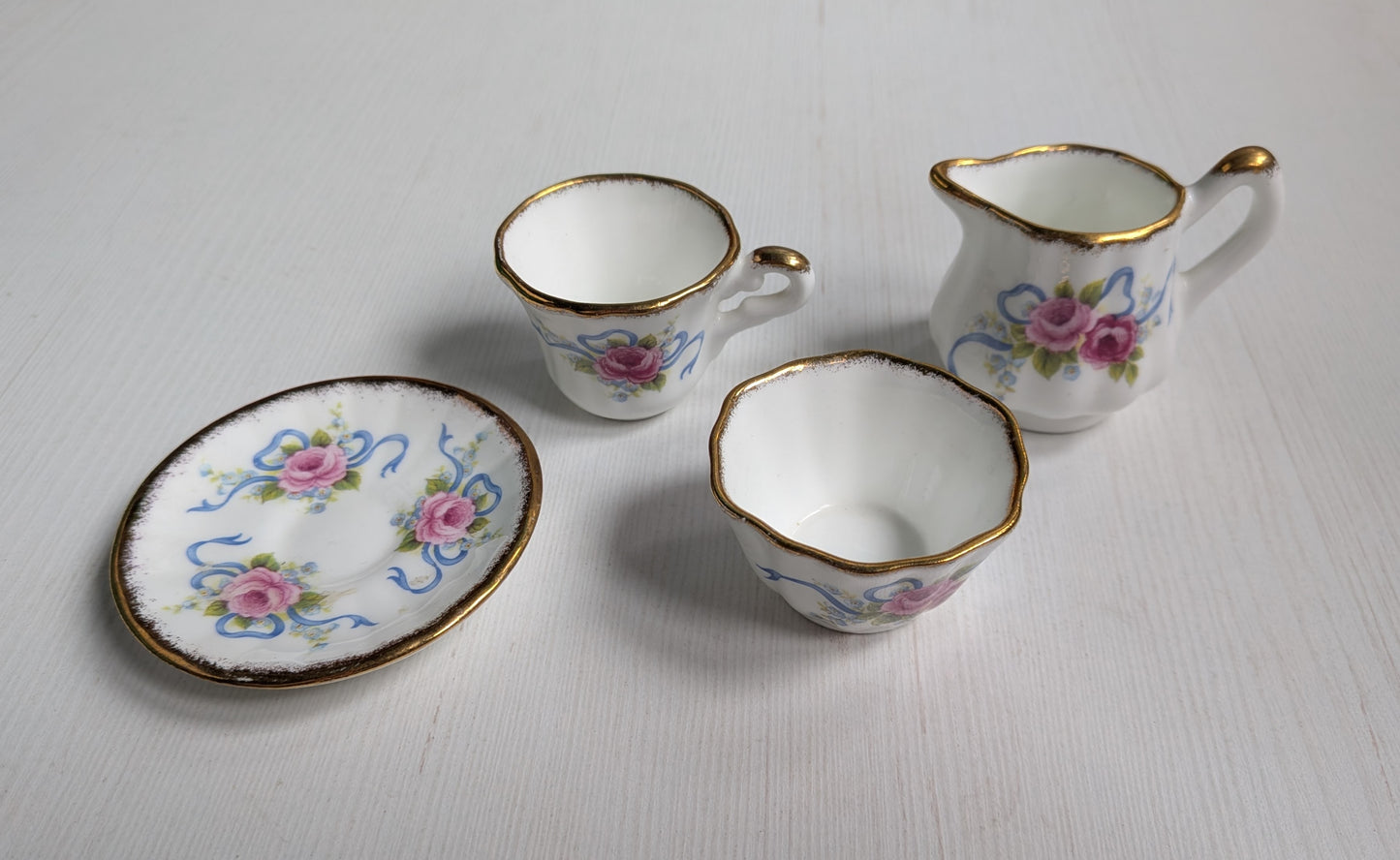 Vintage Miniature Longton Hall China Floral Tea Cup/Sugar/Saucer/Bowl