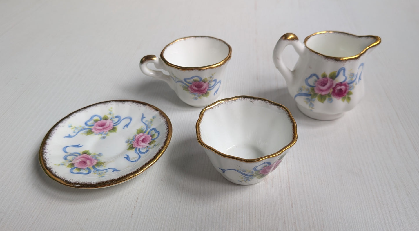 Vintage Miniature Longton Hall China Floral Tea Cup/Sugar/Saucer/Bowl