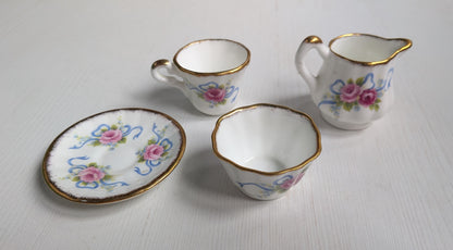 Vintage Miniature Longton Hall China Floral Tea Cup/Sugar/Saucer/Bowl