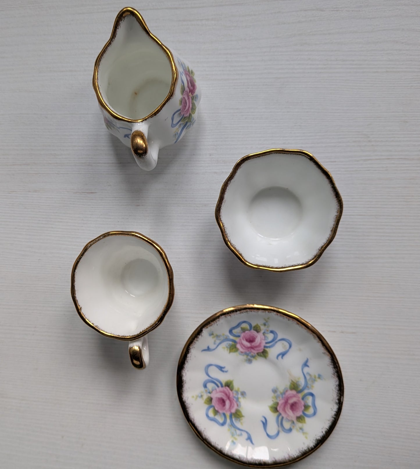 Vintage Miniature Longton Hall China Floral Tea Cup/Sugar/Saucer/Bowl