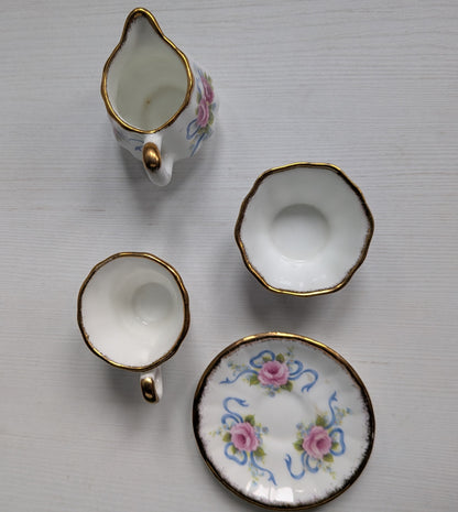Vintage Miniature Longton Hall China Floral Tea Cup/Sugar/Saucer/Bowl