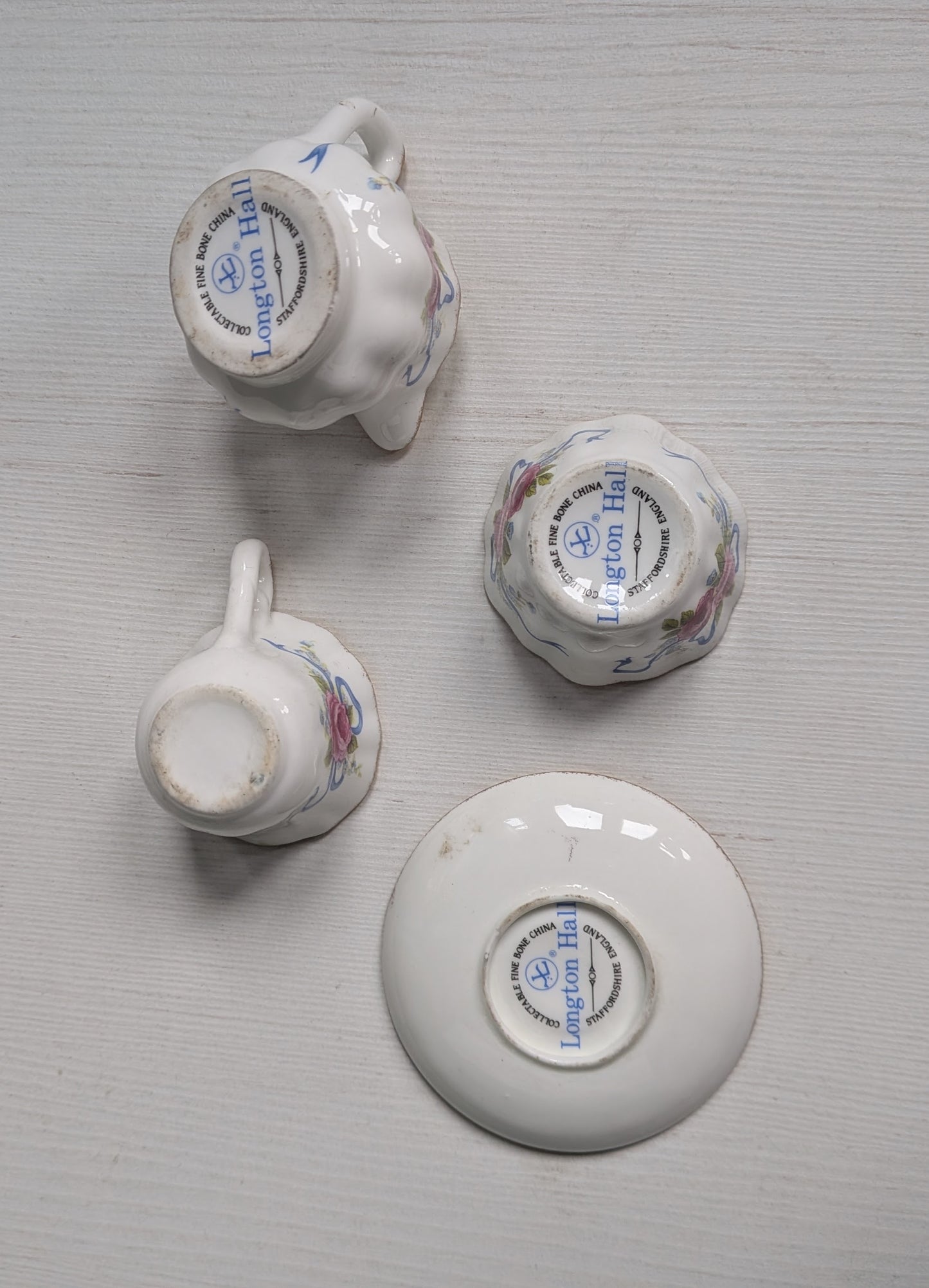 Vintage Miniature Longton Hall China Floral Tea Cup/Sugar/Saucer/Bowl