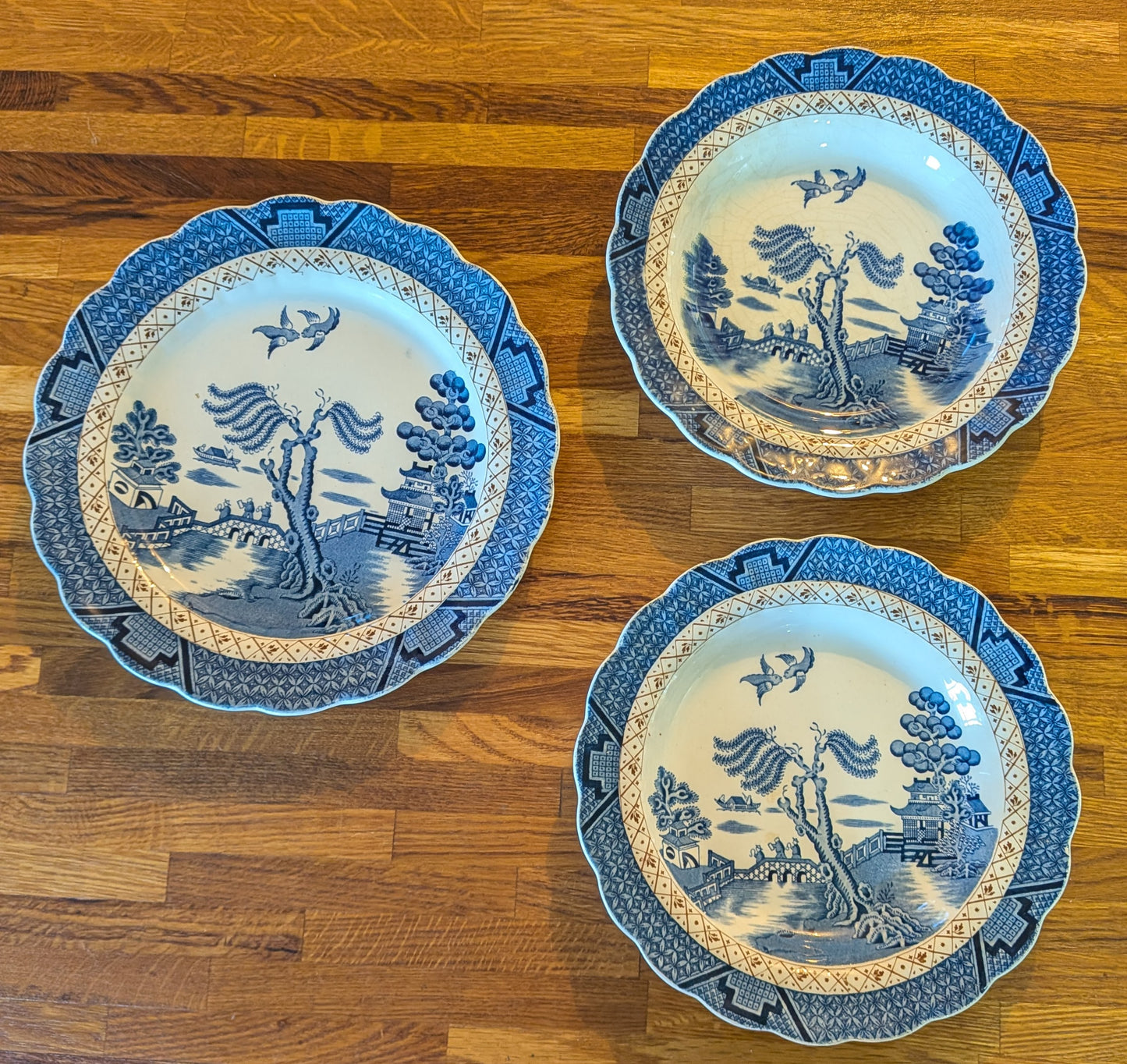 x3 Booths Real Old Willow Blue/White Porcelain Plates - x2 Medium + 1 Large
