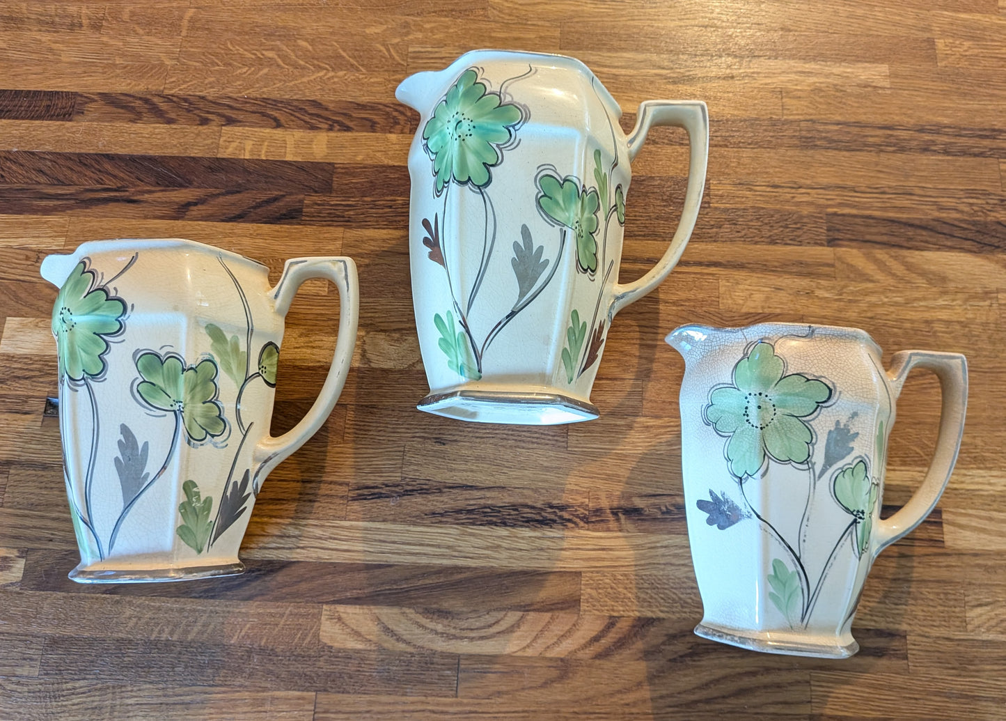 x3 Vintage 1930s Arthur Wood Longport Ceramic Jugs - Green Floral Pattern