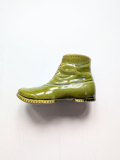 Antique Green Glazed Pottery Boot Pin Cushion Holder - 19th Century