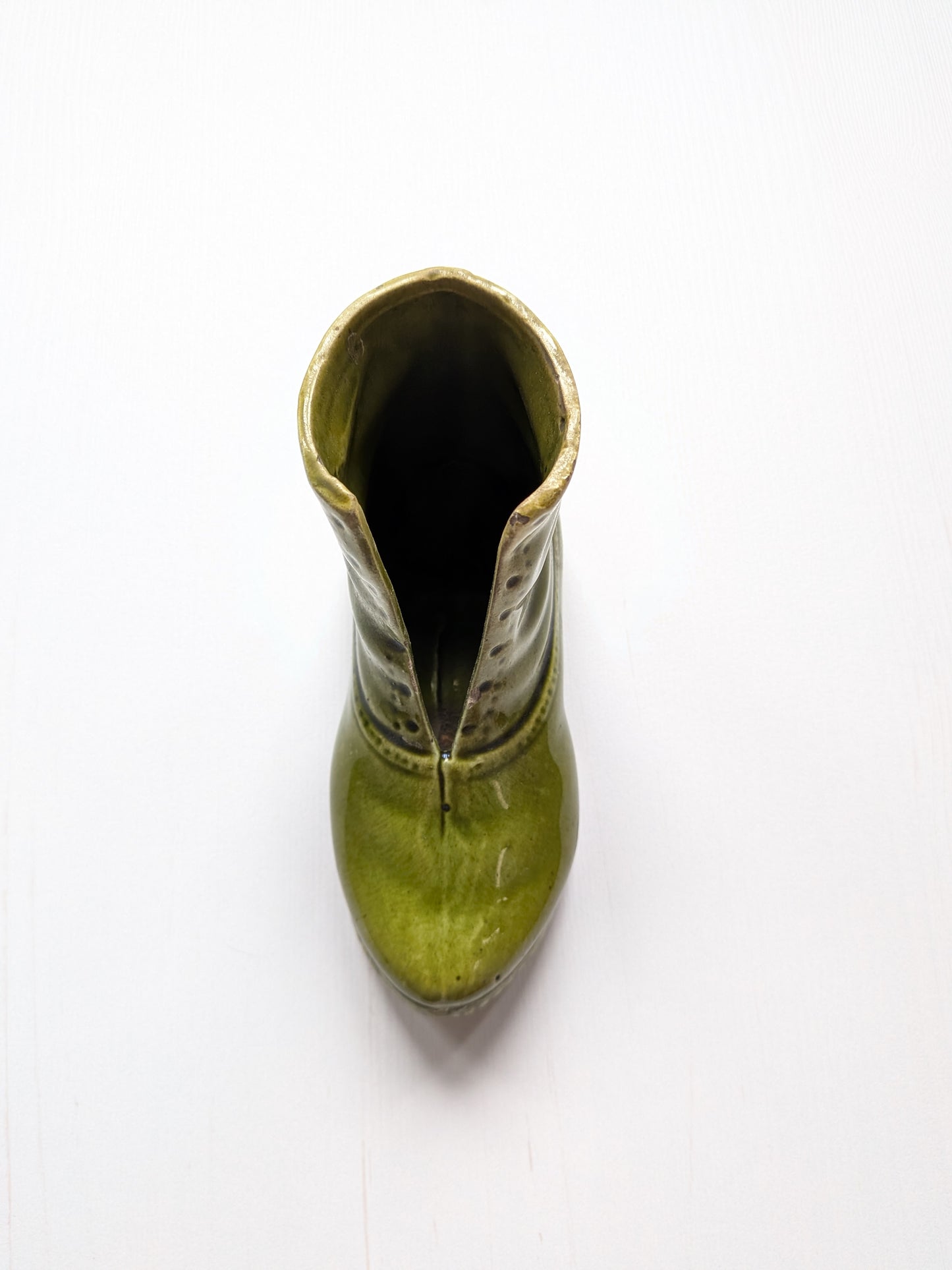 Antique Green Glazed Pottery Boot Pin Cushion Holder - 19th Century