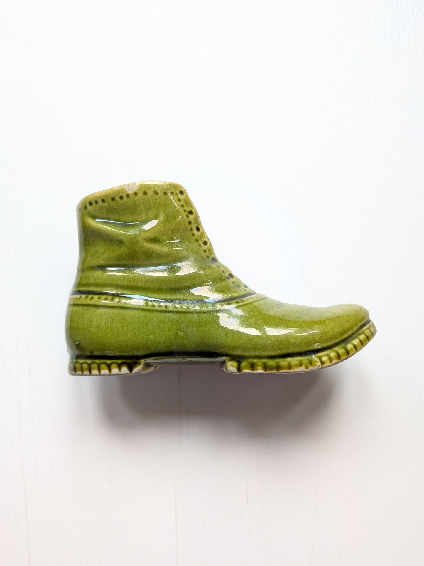 Antique Green Glazed Pottery Boot Pin Cushion Holder - 19th Century