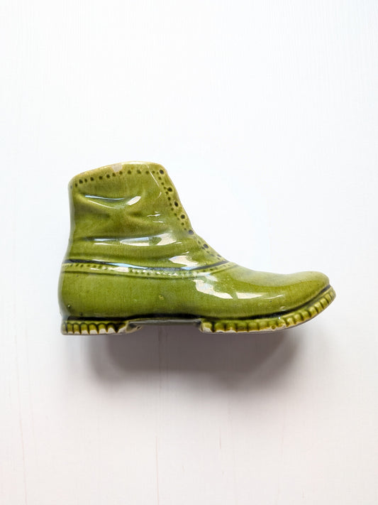 Antique Green Glazed Pottery Boot Pin Cushion Holder - 19th Century