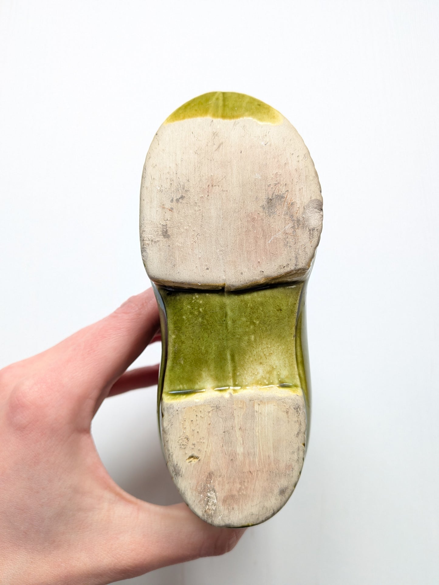 Antique Green Glazed Pottery Boot Pin Cushion Holder - 19th Century