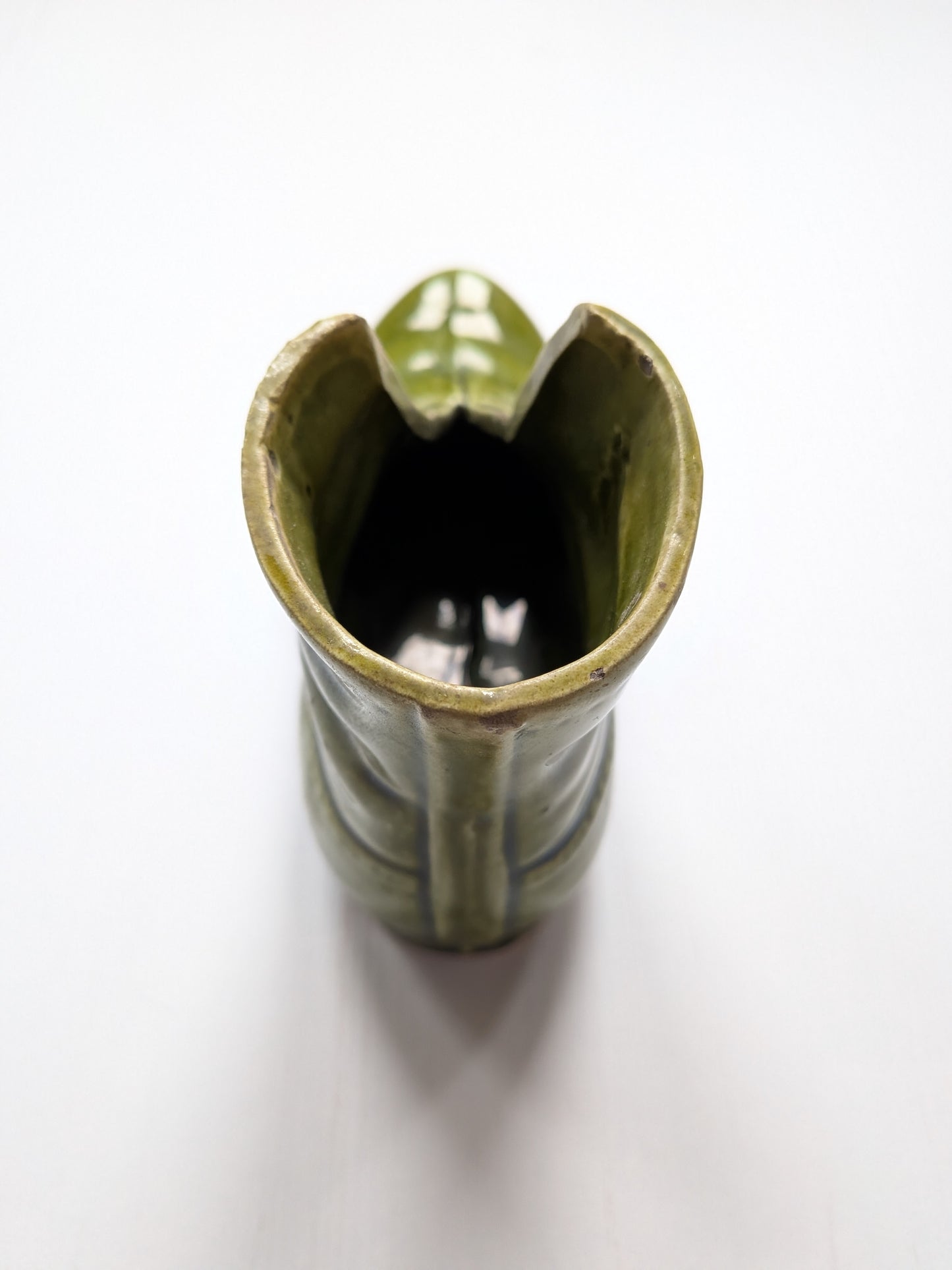 Antique Green Glazed Pottery Boot Pin Cushion Holder - 19th Century