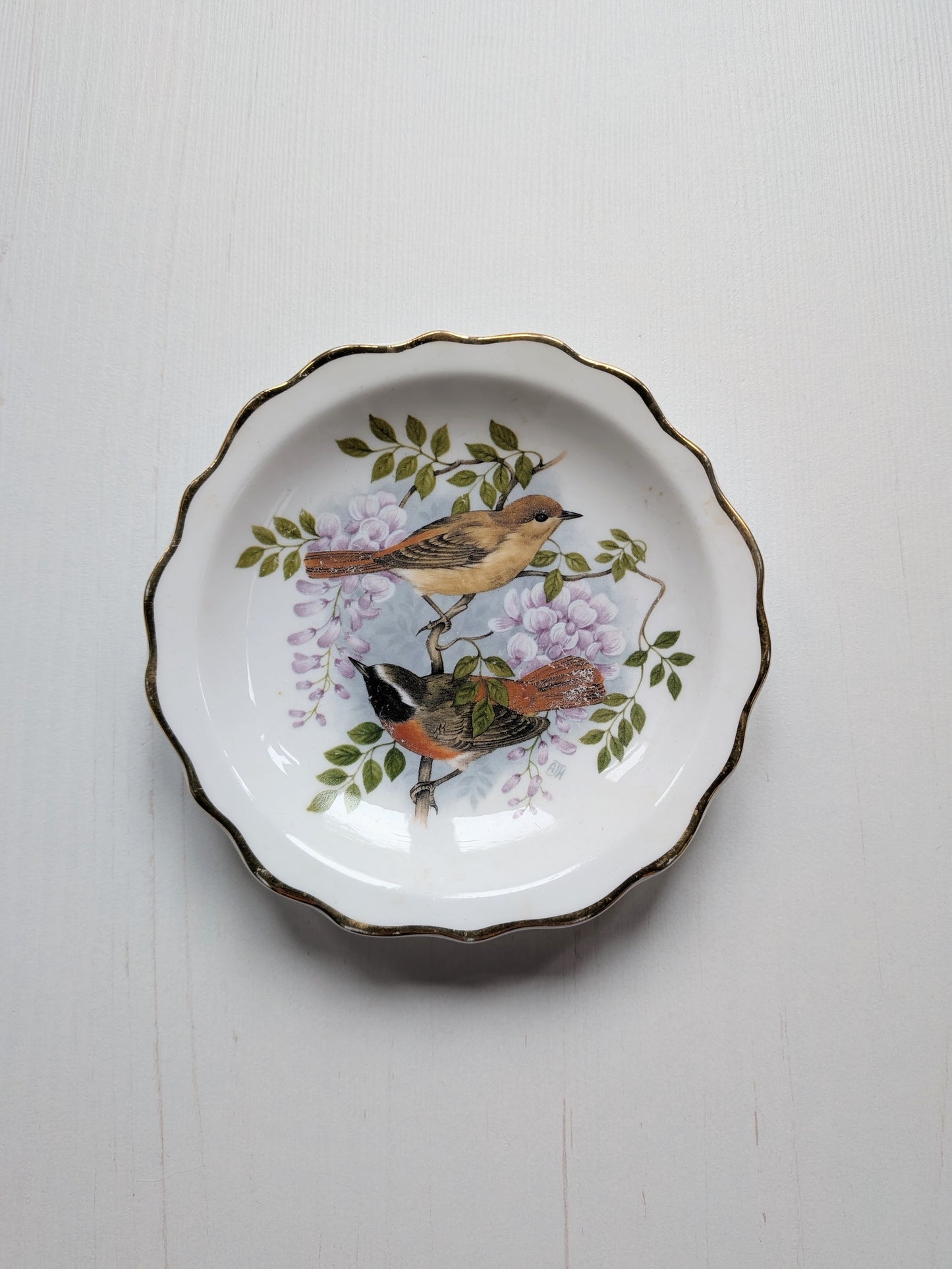 Birds of The Hedgerow Redstart with Wisteria Saucer/Trinket Dish, A.J. Heritage