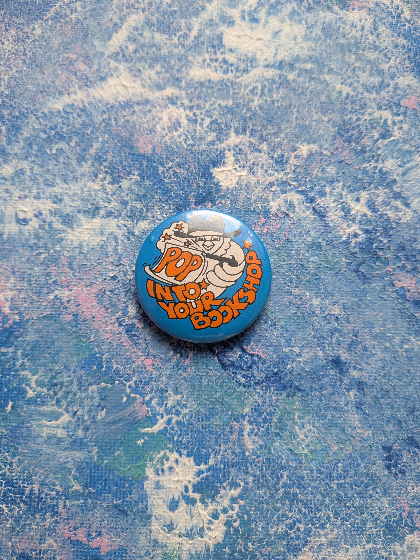 Vintage Mr. Wimpy "Pop Into Your Bookshop" Badge