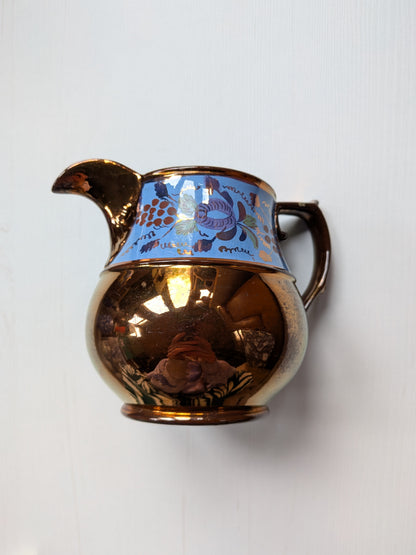 Vintage Staffordshire Pottery Copper + Blue Floral Pattern Lustreware Pitcher