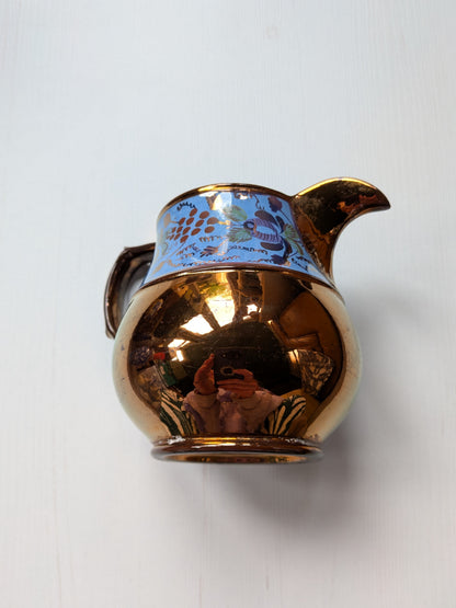 Vintage Staffordshire Pottery Copper + Blue Floral Pattern Lustreware Pitcher