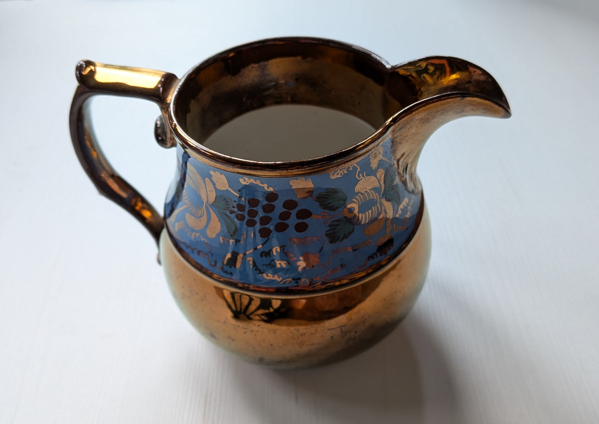 Vintage Staffordshire Pottery Copper + Blue Floral Pattern Lustreware Pitcher
